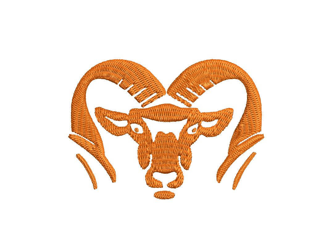 Embroidered design of a ram's head with large curved horns on a white background