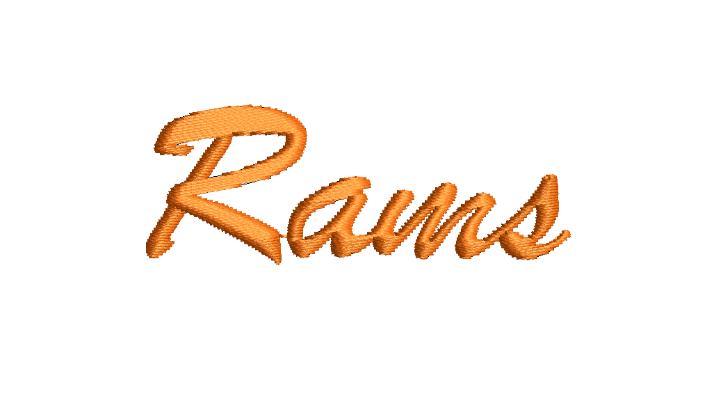Embroidered lettering spelling 'Rams' in orange on a white background