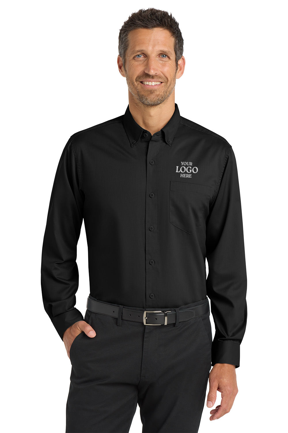Man wearing a black dress shirt with a logo on a white background Port Authority® SuperPro™ Twill Shirt, Embroidered