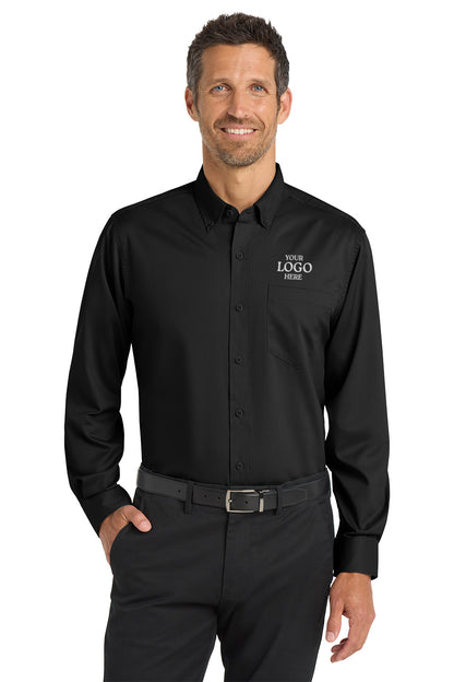 Man wearing a black dress shirt with a logo on a white background Port Authority® SuperPro™ Twill Shirt, Embroidered