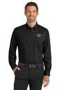 Man wearing a black dress shirt with a logo on a white background Port Authority® SuperPro™ Twill Shirt, Embroidered