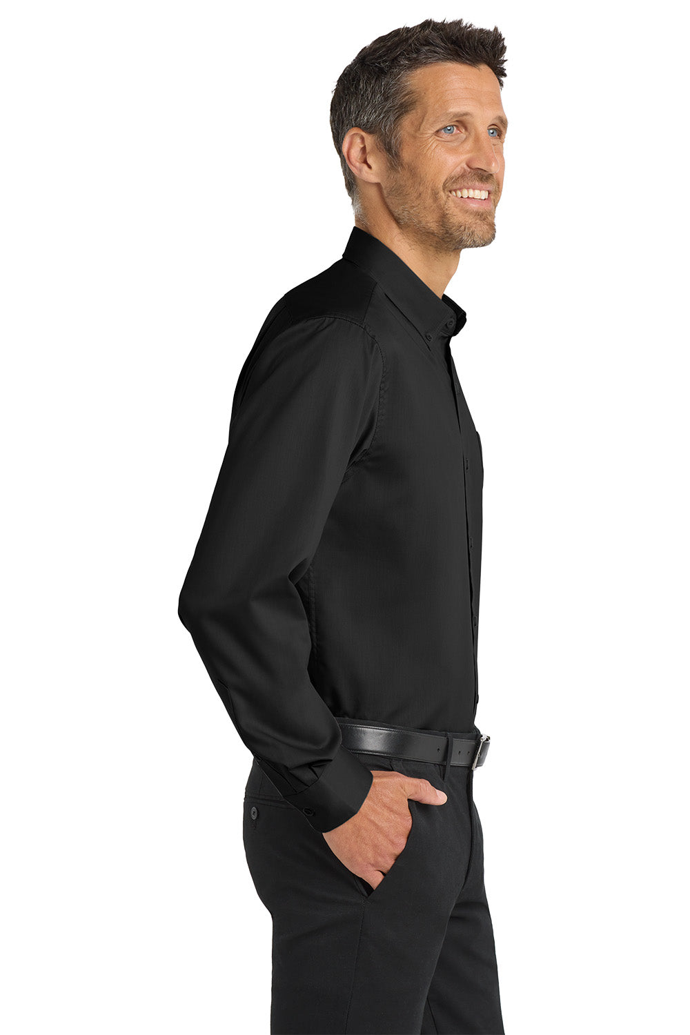 Man wearing a black dress shirt and pants on a white background Port Authority® SuperPro™ Twill Shirt, Embroidered