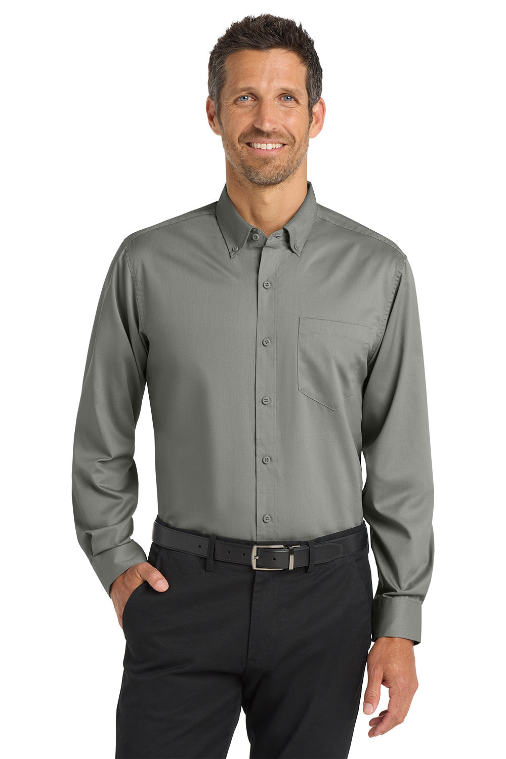 Man wearing a gray button-up shirt and black pants on a white background Port Authority® SuperPro™ Twill Shirt, Embroidered