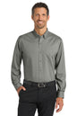 Man wearing a gray button-up shirt and black pants on a white background Port Authority® SuperPro™ Twill Shirt, Embroidered