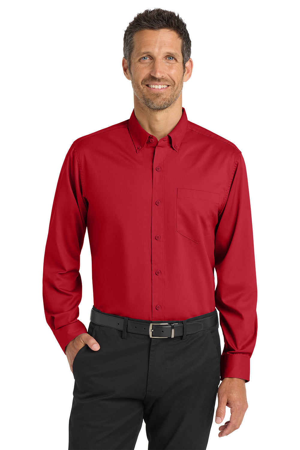 Man wearing a red dress shirt and black pants on a white background Port Authority® SuperPro™ Twill Shirt, Embroidered