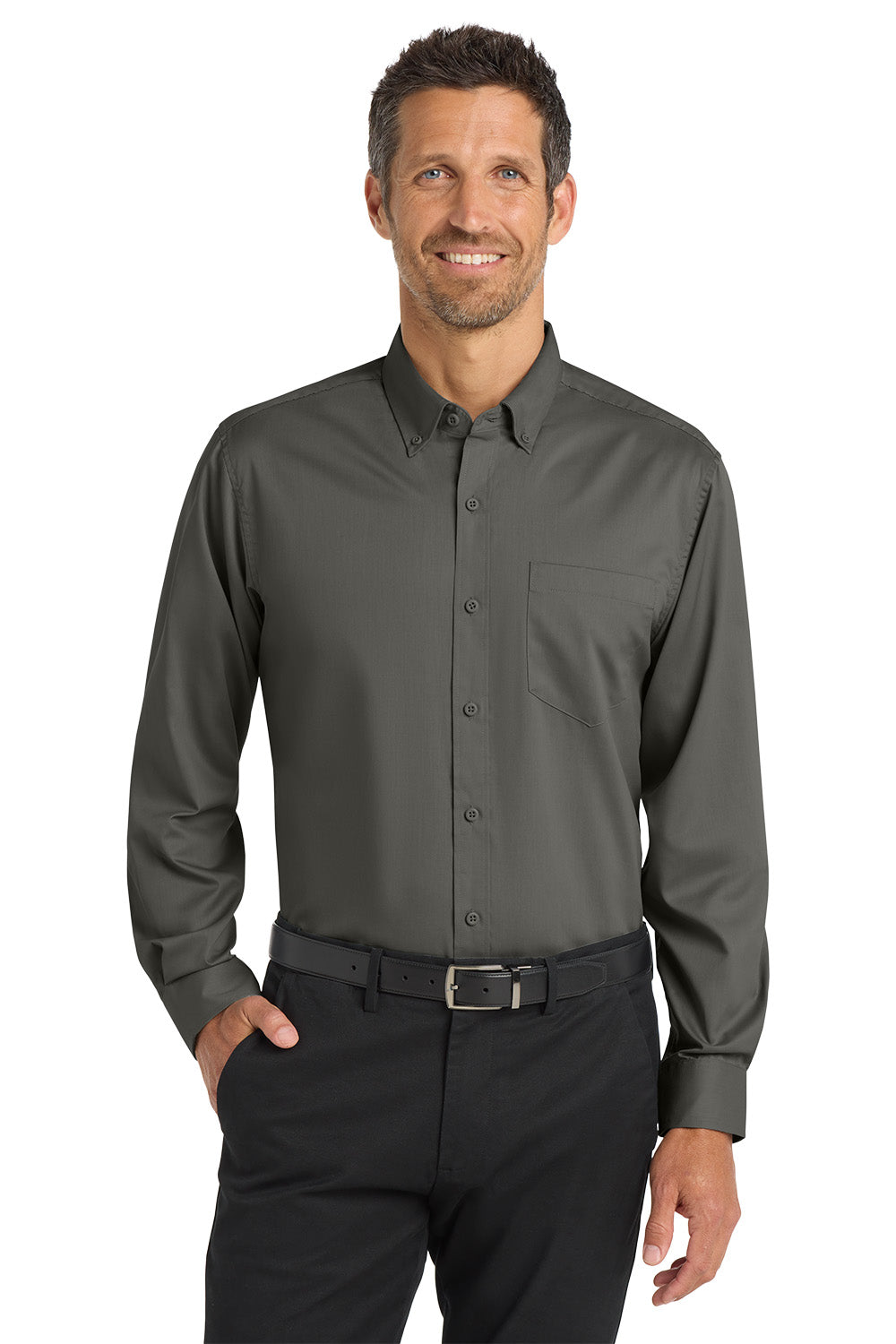 Man wearing a gray dress shirt and black pants on a white background Port Authority® SuperPro™ Twill Shirt, Embroidered