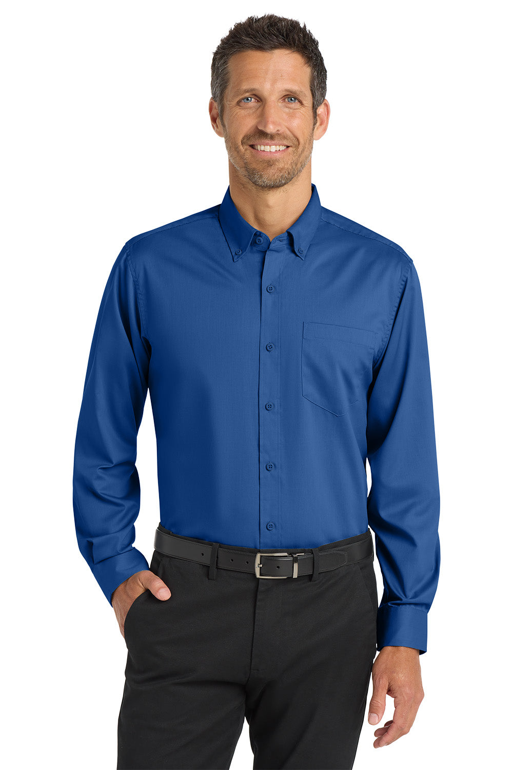 Man wearing a blue dress shirt and black pants on a white background Port Authority® SuperPro™ Twill Shirt, Embroidered
