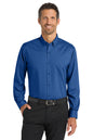Man wearing a blue dress shirt and black pants on a white background Port Authority® SuperPro™ Twill Shirt, Embroidered