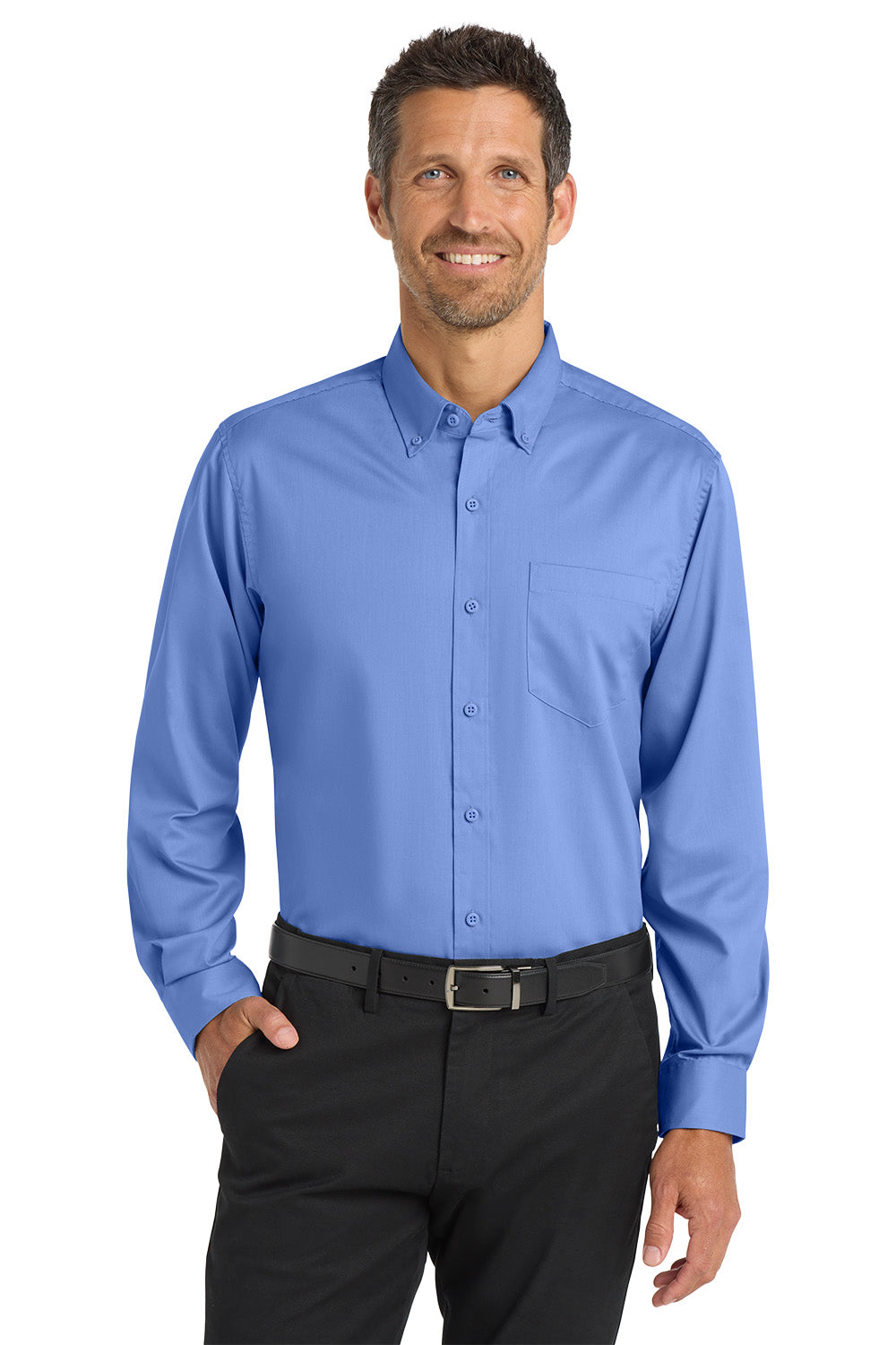Man wearing a blue dress shirt and black pants on a white background Port Authority® SuperPro™ Twill Shirt, Embroidered