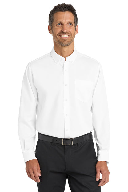 Man wearing a white dress shirt and black pants on a white background Port Authority® SuperPro™ Twill Shirt, Embroidered