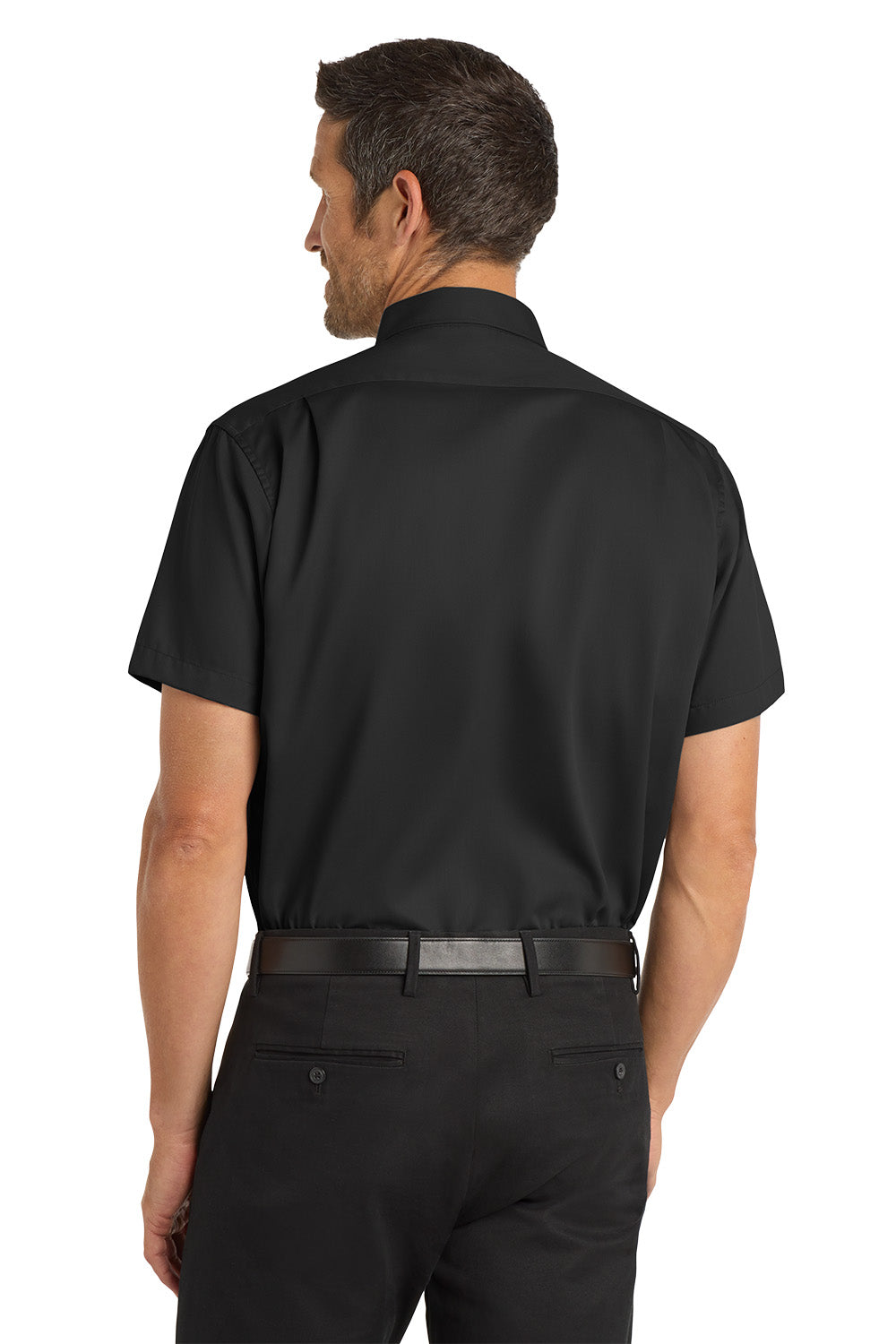 Man wearing a black short-sleeve shirt and black pants on a white background Port Authority® Short Sleeve SuperPro™ Twill Shirt, Embroidered