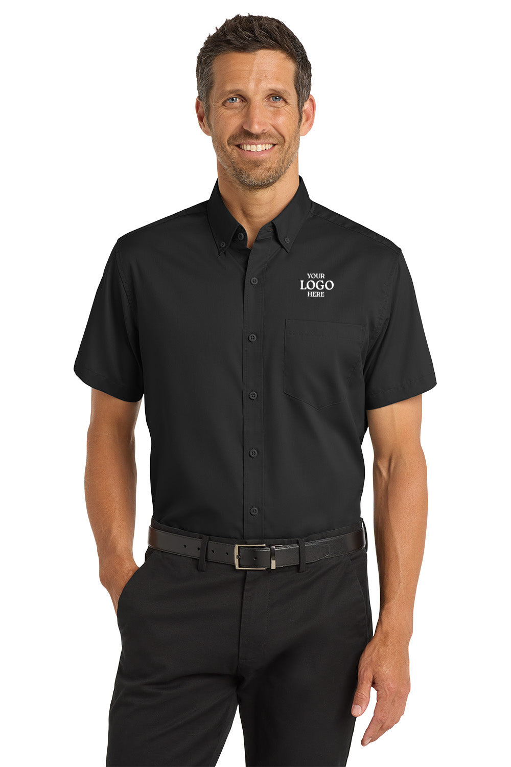 Man wearing a black short-sleeve button-up shirt with a logo on a white background Port Authority® Short Sleeve SuperPro™ Twill Shirt, Embroidered
