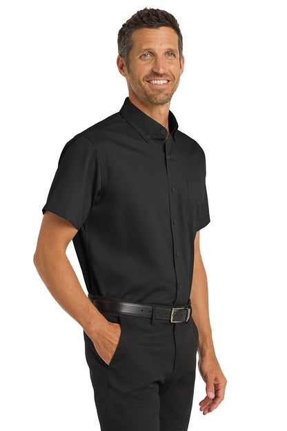 Man wearing a black short-sleeve shirt and pants on a white background Port Authority® Short Sleeve SuperPro™ Twill Shirt, Embroidered