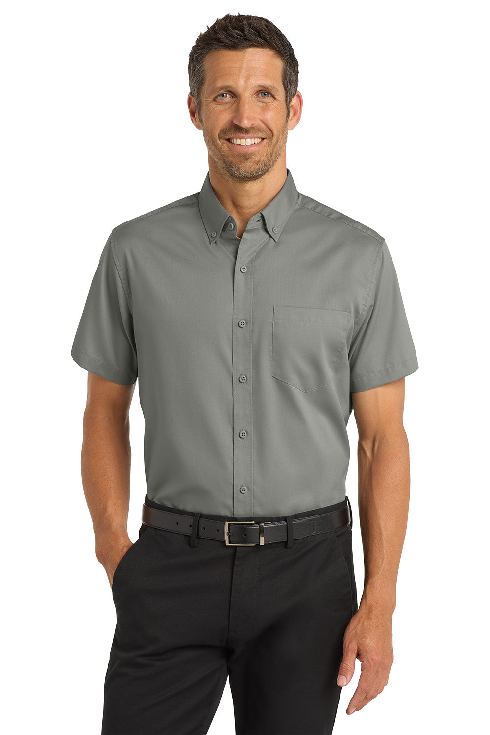 Man wearing a gray short-sleeve button-up shirt and black pants on a white background Port Authority® Short Sleeve SuperPro™ Twill Shirt, Embroidered