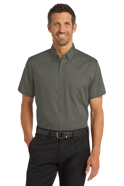 Man wearing a gray short-sleeve button-up shirt and black pants on a white background Port Authority® Short Sleeve SuperPro™ Twill Shirt, Embroidered