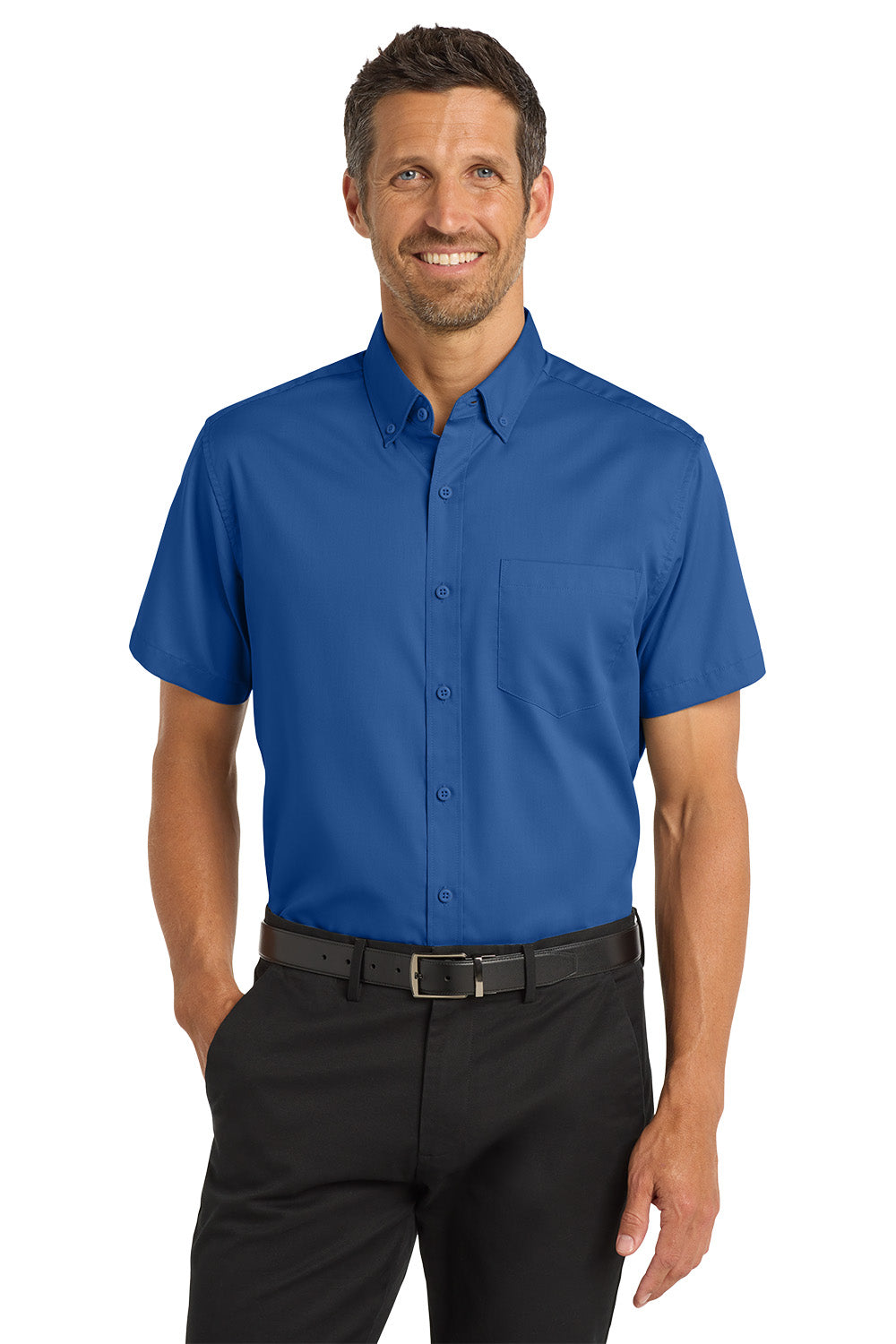 Man wearing a blue short-sleeve shirt and black pants on a white background Port Authority® Short Sleeve SuperPro™ Twill Shirt, Embroidered