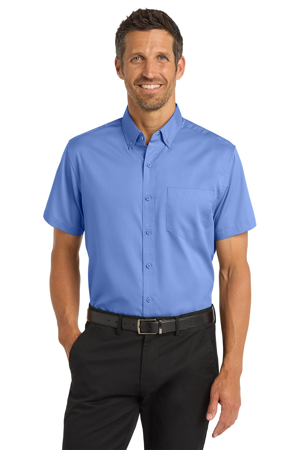 Man wearing a blue short-sleeve shirt and black pants on a white background Port Authority® Short Sleeve SuperPro™ Twill Shirt, Embroidered