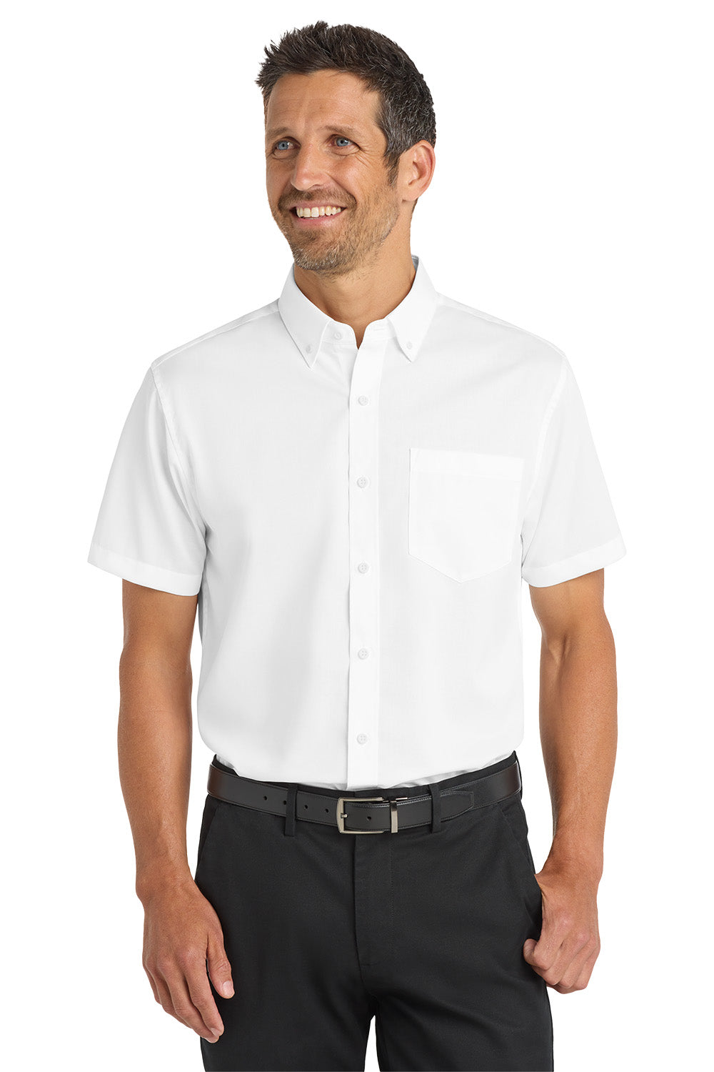Man wearing a white dress shirt and black pants on a white background Port Authority® Short Sleeve SuperPro™ Twill Shirt, Embroidered