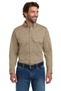 Man wearing a beige shirt and blue jeans on a white background Bulwark® EXCEL FR® ComforTouch® Dress Uniform Shirt, Embroidered