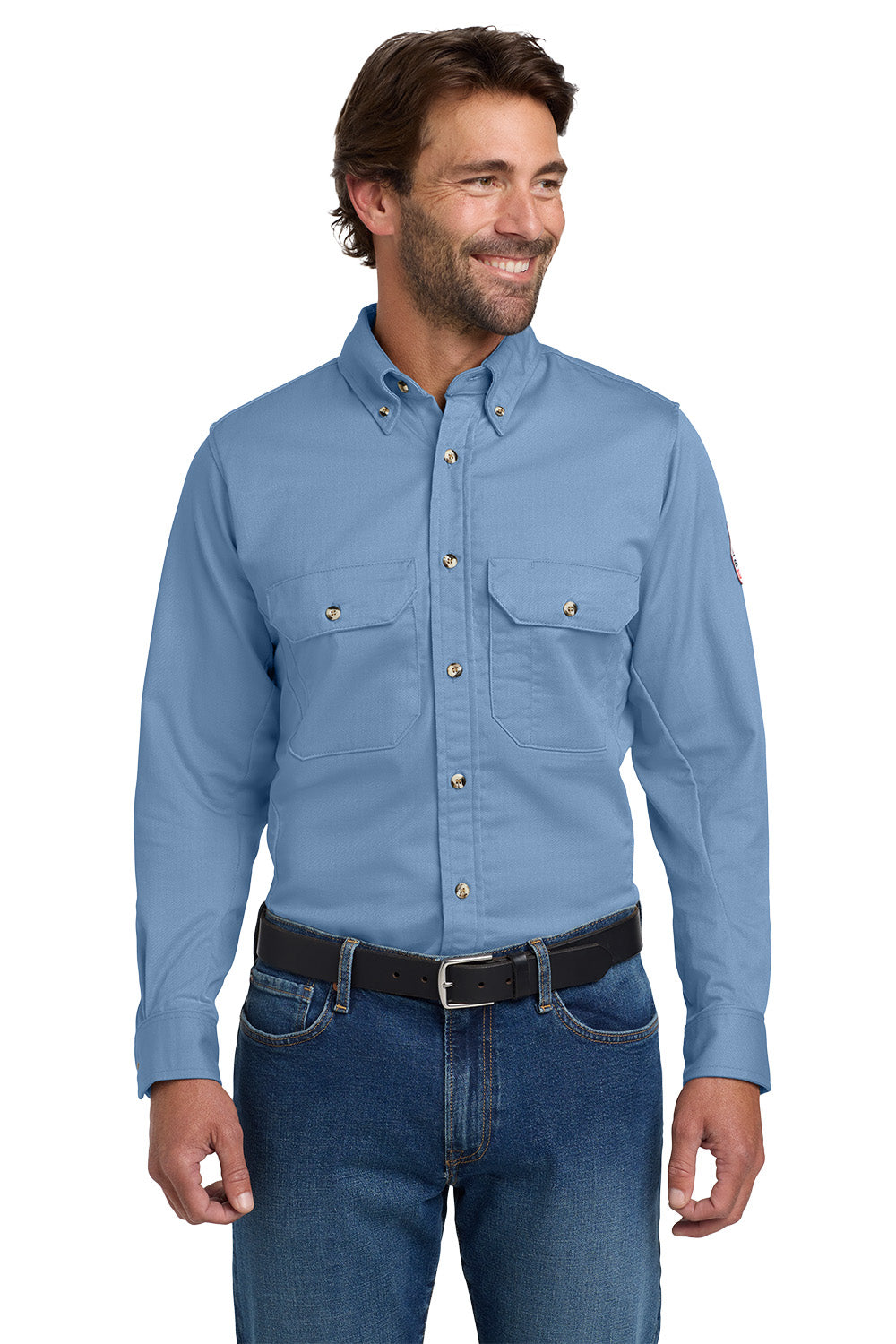 Man wearing a light blue shirt and jeans on a white background Bulwark® EXCEL FR® ComforTouch® Dress Uniform Shirt, Embroidered