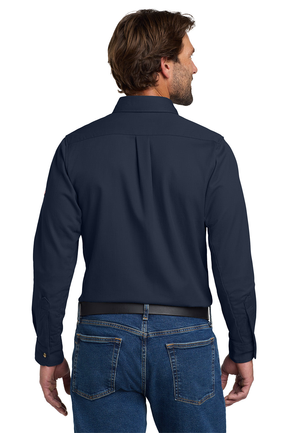 Man wearing a navy long-sleeve shirt and blue jeans on a white background Bulwark® EXCEL FR® ComforTouch® Dress Uniform Shirt, Embroidered