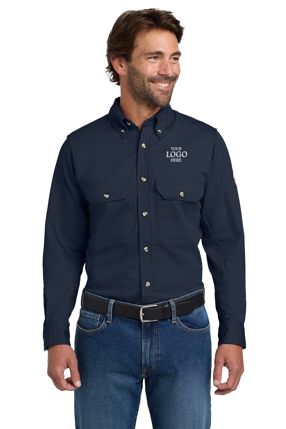 Man wearing a navy blue button-up shirt with a logo on a white background Bulwark® EXCEL FR® ComforTouch® Dress Uniform Shirt, Embroidered