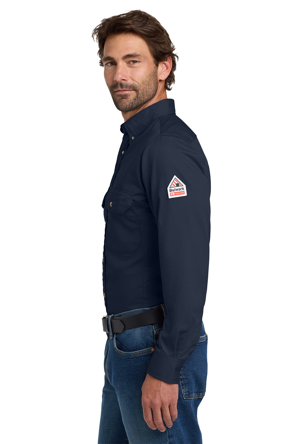 Man wearing a navy blue shirt with a logo on a white background Bulwark® EXCEL FR® ComforTouch® Dress Uniform Shirt, Embroidered