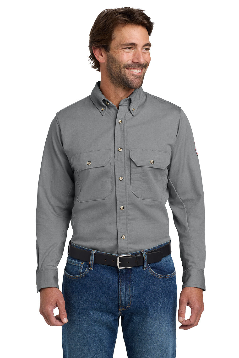 Man wearing a gray shirt and blue jeans on a white background Bulwark® EXCEL FR® ComforTouch® Dress Uniform Shirt, Embroidered