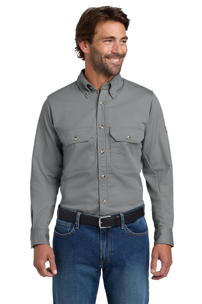 Man wearing a gray shirt and blue jeans on a white background Bulwark® EXCEL FR® ComforTouch® Dress Uniform Shirt, Embroidered