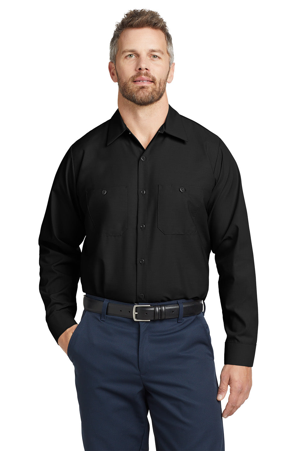 Man wearing a black shirt and navy pants on a white background embroidered Red Kap® Long Sleeve Industrial Work Shirt