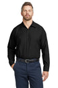 Man wearing a black shirt and navy pants on a white background embroidered Red Kap® Long Sleeve Industrial Work Shirt