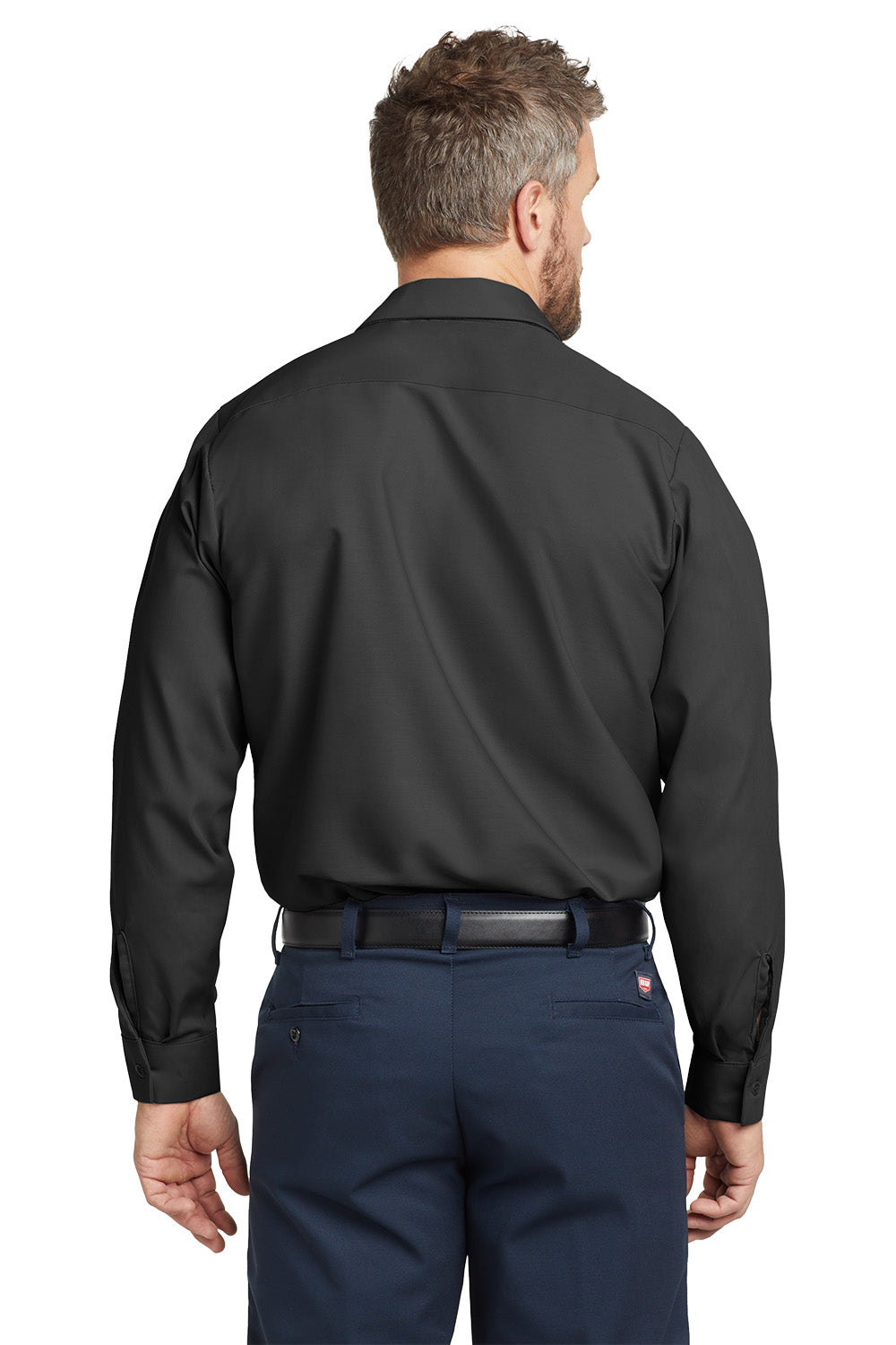 Man wearing a black shirt and navy pants on a white background embroidered Red Kap® Long Sleeve Industrial Work Shirt