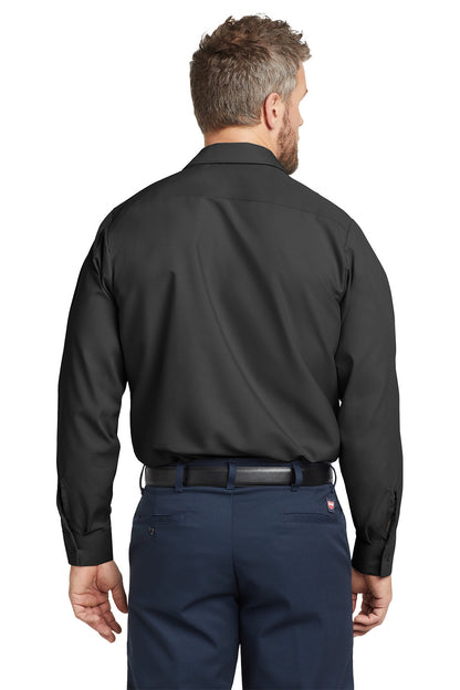 Man wearing a black shirt and navy pants on a white background embroidered Red Kap® Long Sleeve Industrial Work Shirt