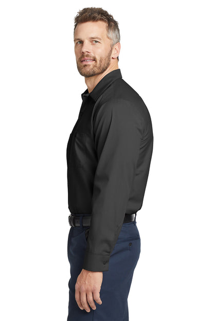 Man wearing a black dress shirt and navy pants on a white background embroidered Red Kap® Long Sleeve Industrial Work Shirt