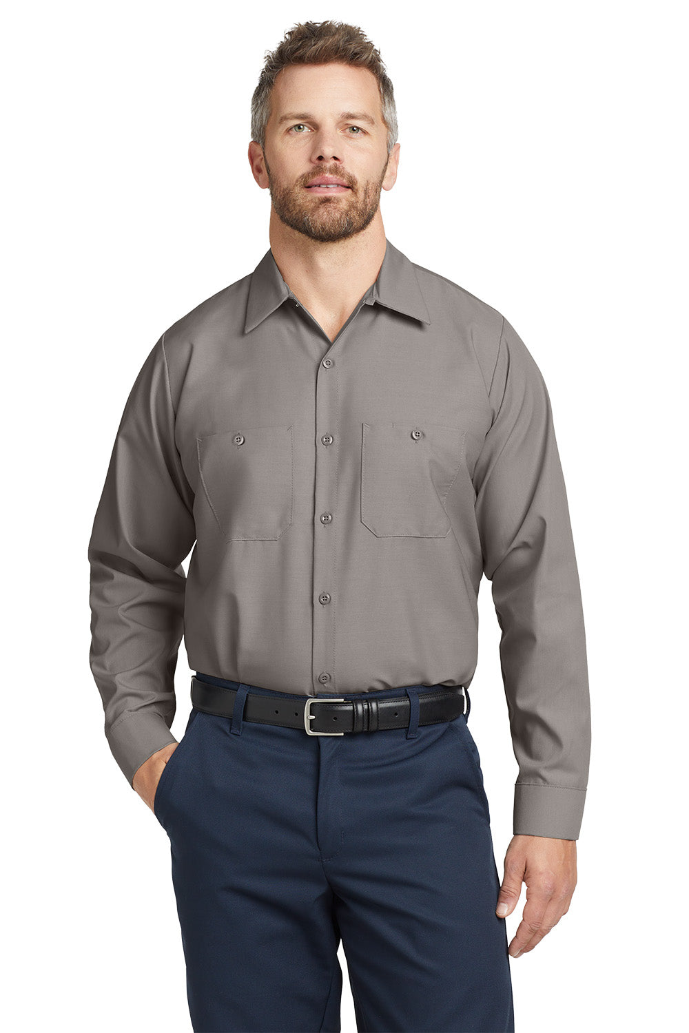 Man wearing a gray shirt and navy pants on a white background embroidered Red Kap® Long Sleeve Industrial Work Shirt