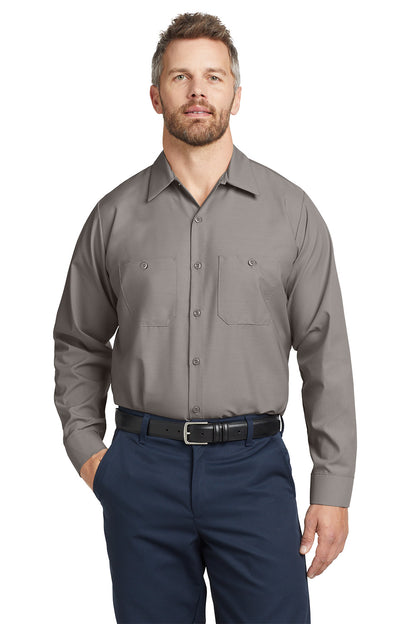 Man wearing a gray shirt and navy pants on a white background embroidered Red Kap® Long Sleeve Industrial Work Shirt