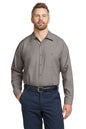 Man wearing a gray shirt and navy pants on a white background embroidered Red Kap® Long Sleeve Industrial Work Shirt