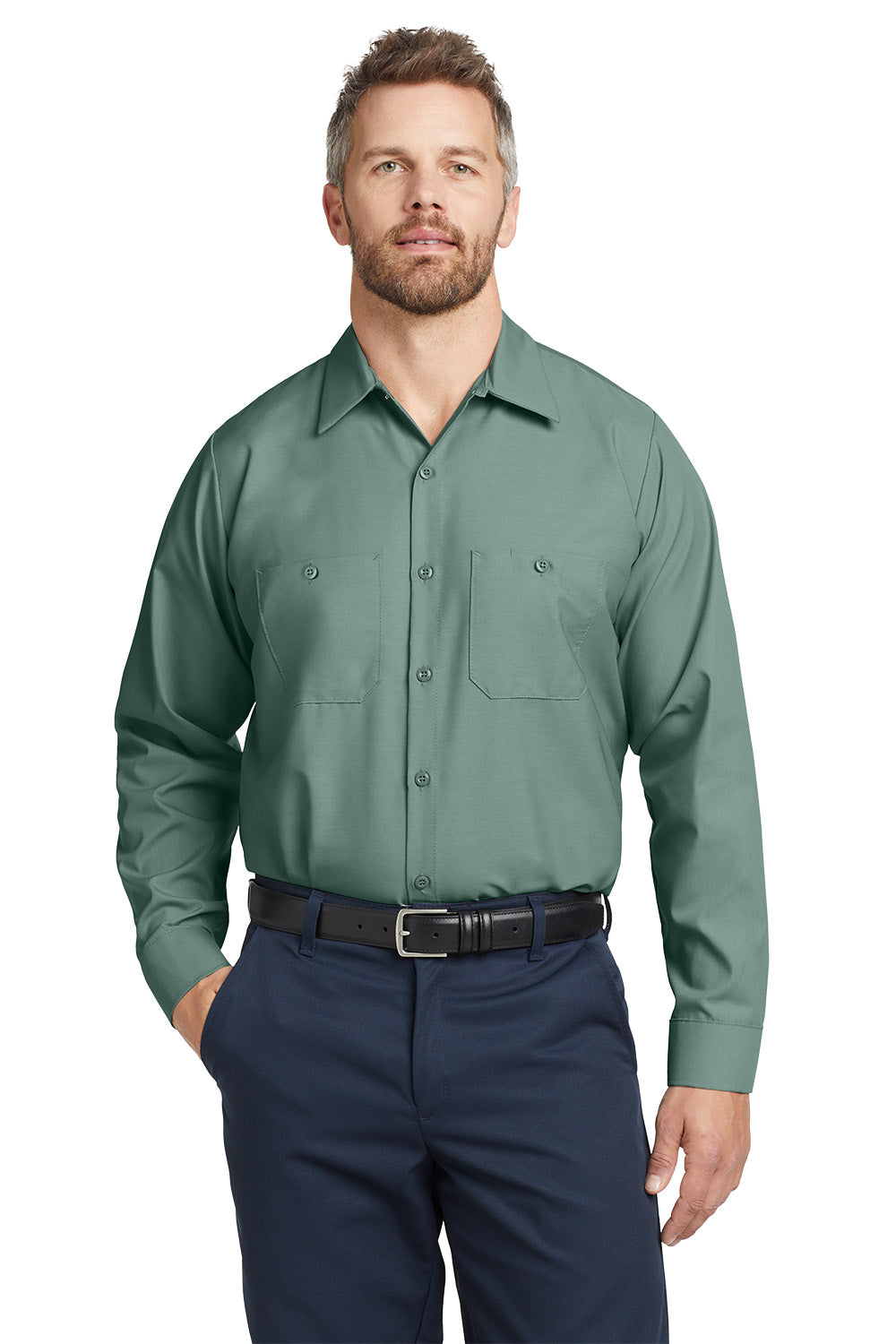Man wearing a green shirt and navy pants on a white background embroidered Red Kap® Long Sleeve Industrial Work Shirt