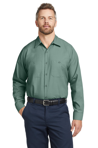 Man wearing a green shirt and navy pants on a white background embroidered Red Kap® Long Sleeve Industrial Work Shirt