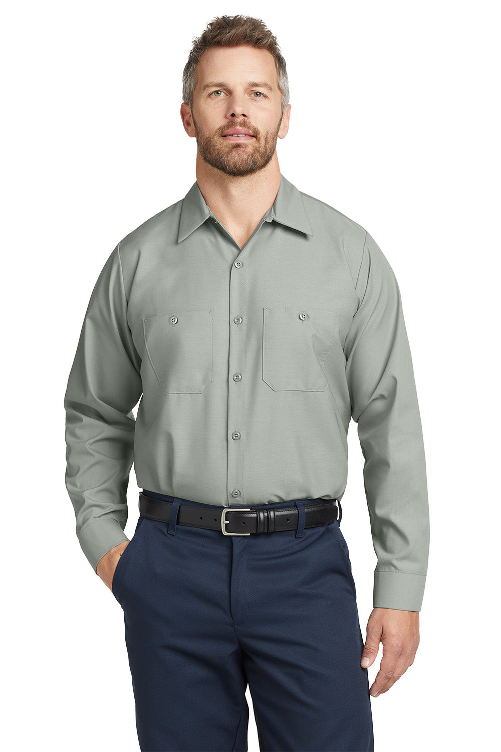 Man wearing a gray button-up shirt and navy pants on a white background embroidered Red Kap® Long Sleeve Industrial Work Shirt