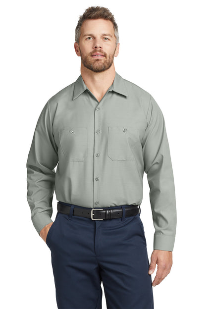 Man wearing a gray button-up shirt and navy pants on a white background embroidered Red Kap® Long Sleeve Industrial Work Shirt