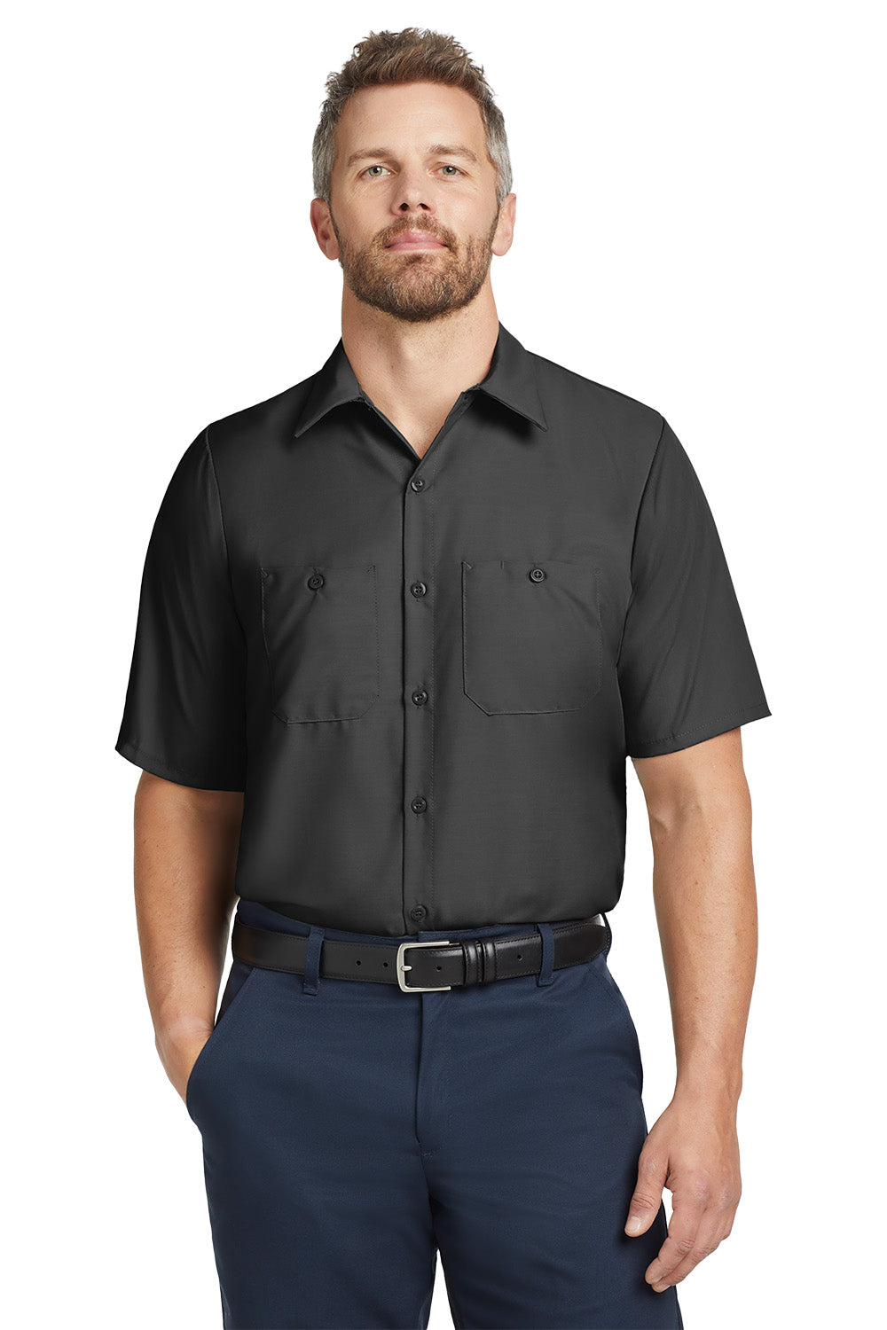 Man wearing a black short-sleeve shirt and navy pants on a white background embroidered Red Kap® Short Sleeve Industrial Work Shirt