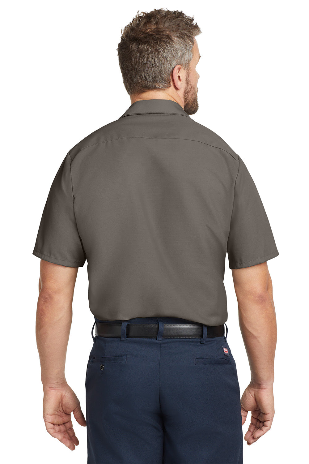 Man wearing a gray shirt and navy pants on a white background embroidered Red Kap® Short Sleeve Industrial Work Shirt