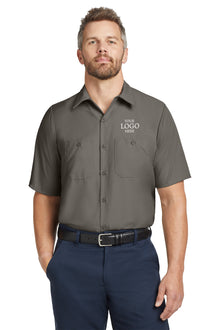 Man wearing a gray short-sleeve shirt with a customizable logo on a white background embroidered Red Kap® Short Sleeve Industrial Work Shirt