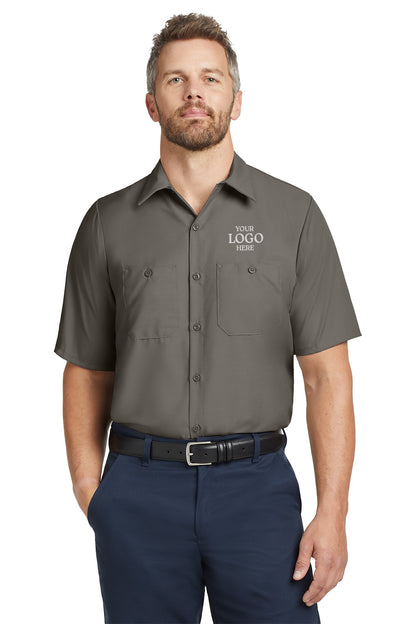 Man wearing a gray short-sleeve shirt with a customizable logo on a white background embroidered Red Kap® Short Sleeve Industrial Work Shirt
