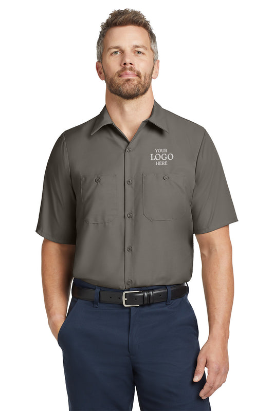 Man wearing a gray short-sleeve shirt with a customizable logo on a white background embroidered Red Kap® Short Sleeve Industrial Work Shirt