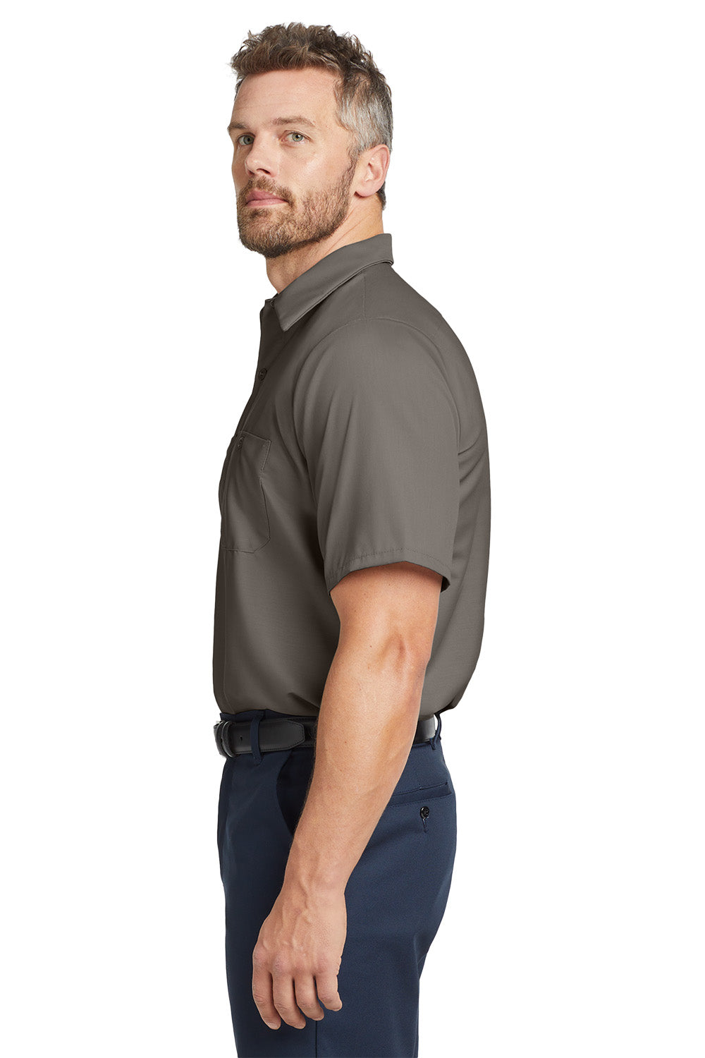 Man wearing a gray polo shirt and navy pants on a white background embroidered Red Kap® Short Sleeve Industrial Work Shirt