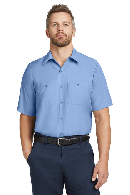 Man wearing a light blue short-sleeve shirt and navy pants on a white background embroidered Red Kap® Short Sleeve Industrial Work Shirt