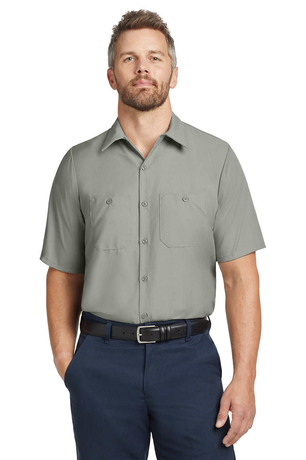 Man wearing a gray short-sleeve shirt and navy pants on a white background embroidered Red Kap® Short Sleeve Industrial Work Shirt