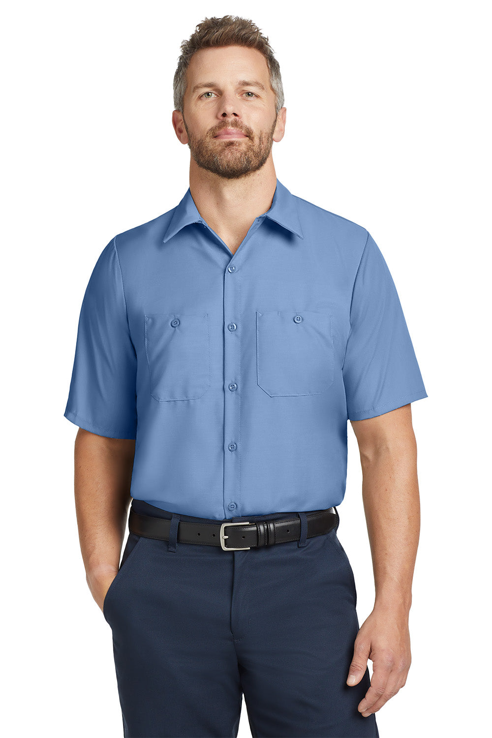 Man wearing a blue short-sleeve shirt and navy pants on a white background embroidered Red Kap® Short Sleeve Industrial Work Shirt